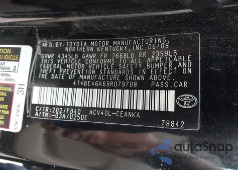 2009 Toyota Camry z USA, uszkodzony, nr VIN 4T4BE46K69R079708